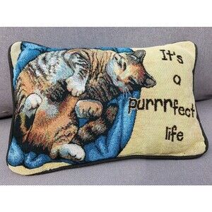 VTG Sleeping Cat Kitten " It's A Purrrfect Life " Tapestry Word Throw Pillow USA